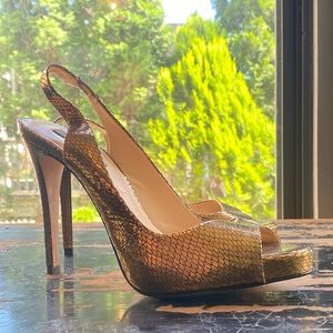 Anne Klein Metallic Copper Snake Skin Open Toe Platform Sling Back Heels 9N NWOT